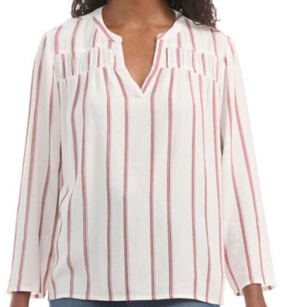 SPLENDID‎ Linen Blend Blouse Womens L Yoked Red White Strip V Neck Top Shirt NWT